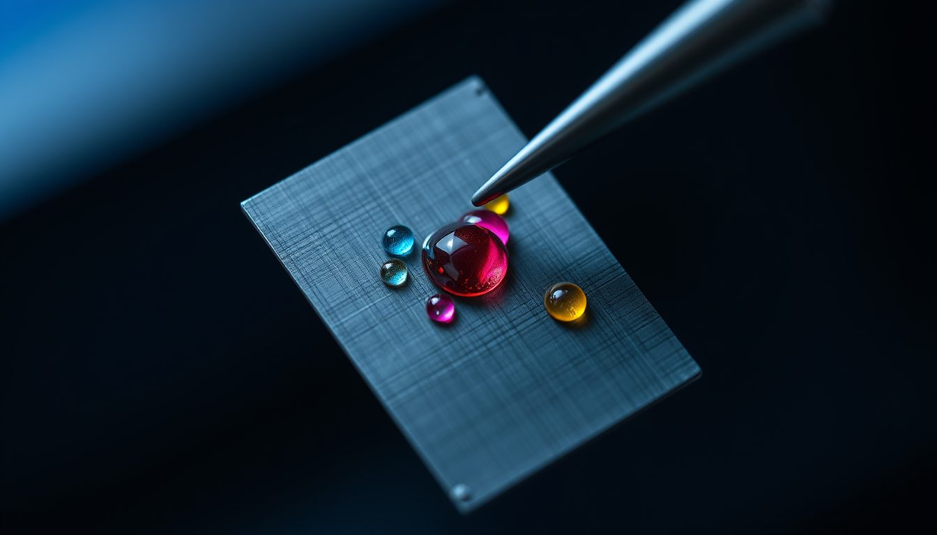Druckkopf-Düsenplatte mit Tintentropfen in Cyan, Magenta und Gelb, mit Pinzette gehalten