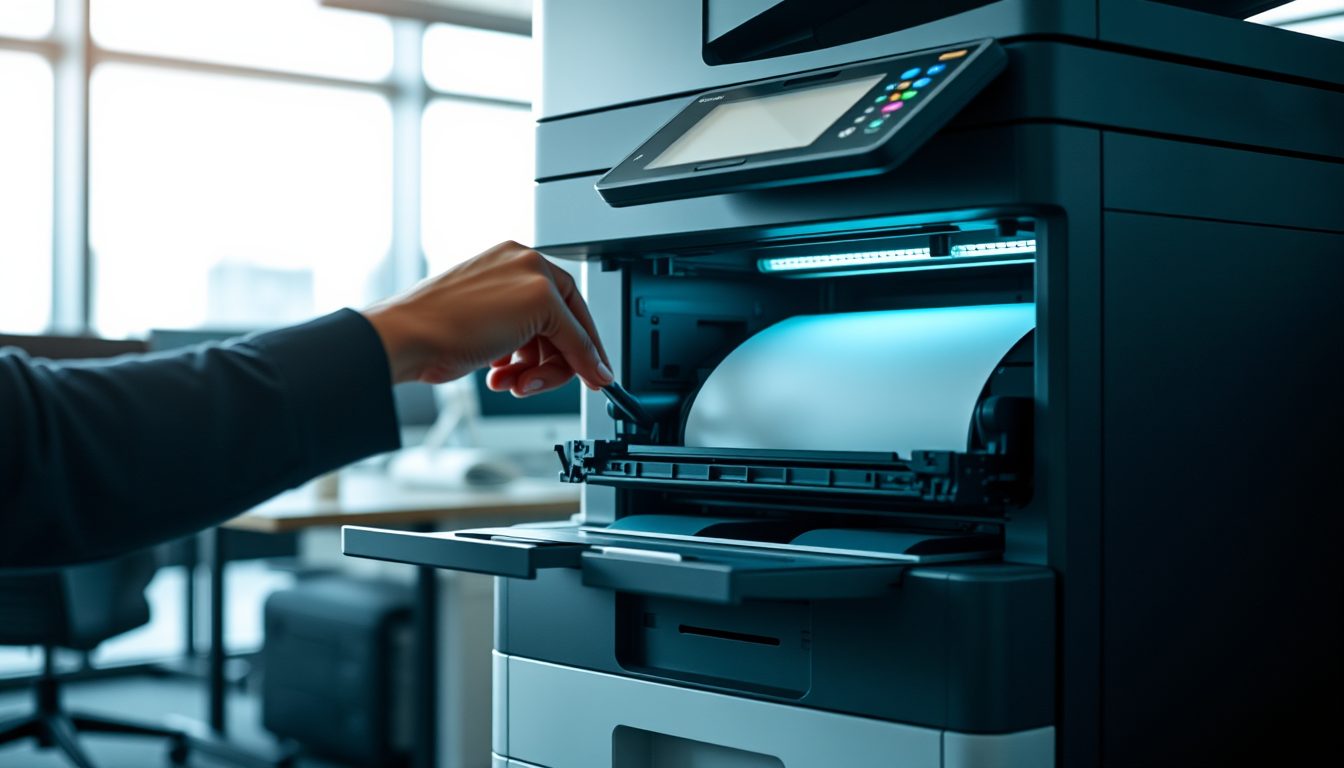 Ge&ouml;ffneter B&uuml;rokopierer mit Tonerkartuschen und Trommeleinheit in der Hand des Technikers