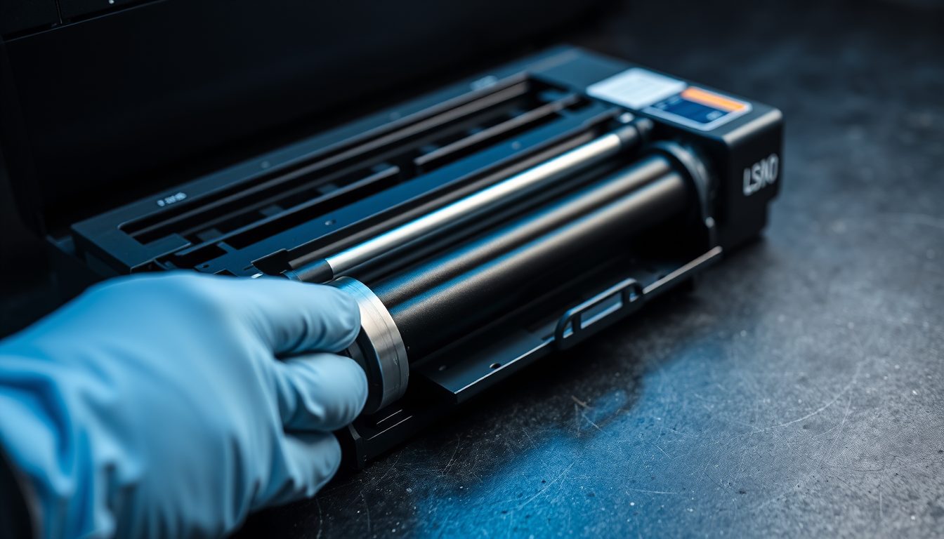 Ausgebaute Fixiereinheit eines Laserdruckers mit Andruckwalze auf der Werkbank