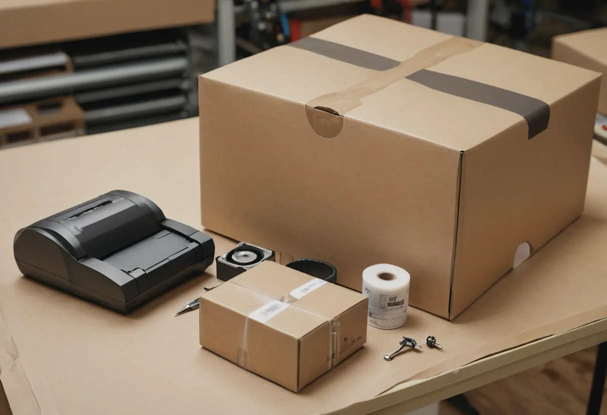 Ein gepolsterter Versandkarton beim Packen auf einer Werkbank für Druckerreparaturen