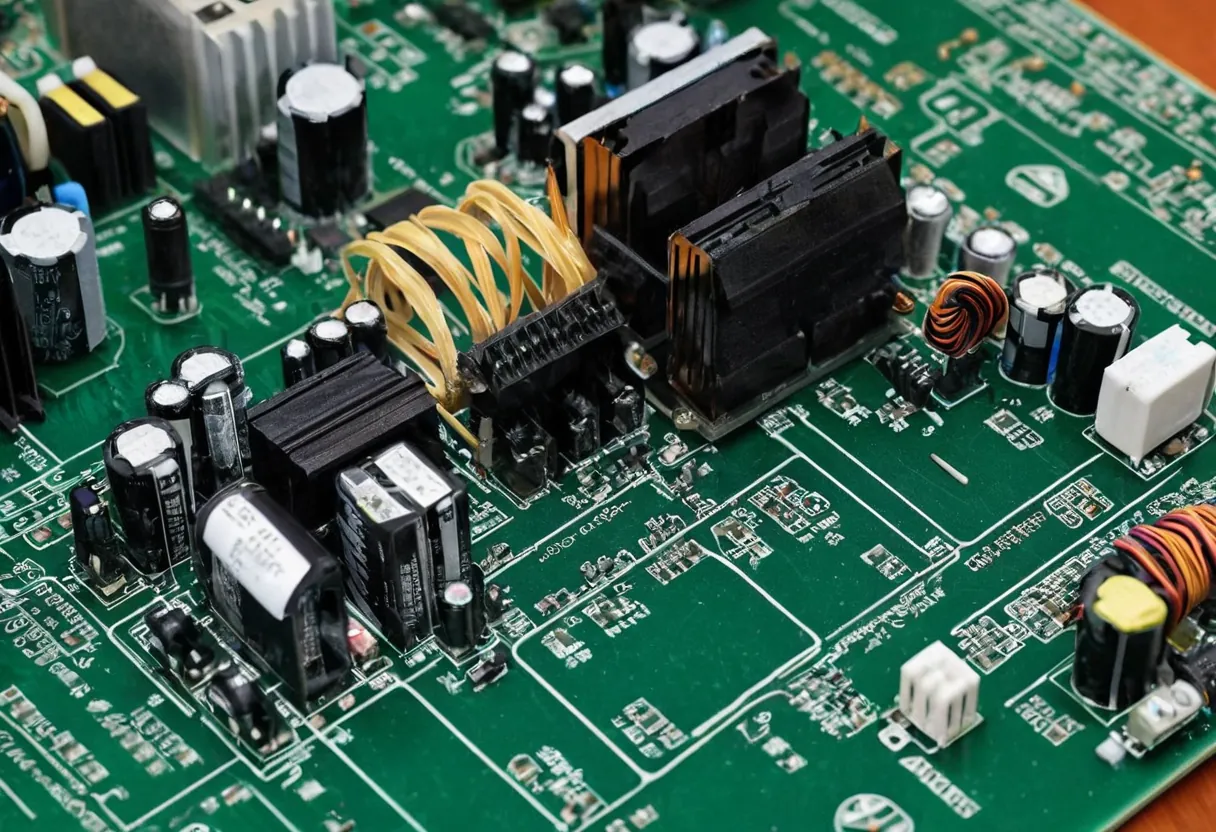 Eine Netzteilplatine mit Kondensatoren und Netzanschluss auf einer Werkbank für Druckerreparaturen