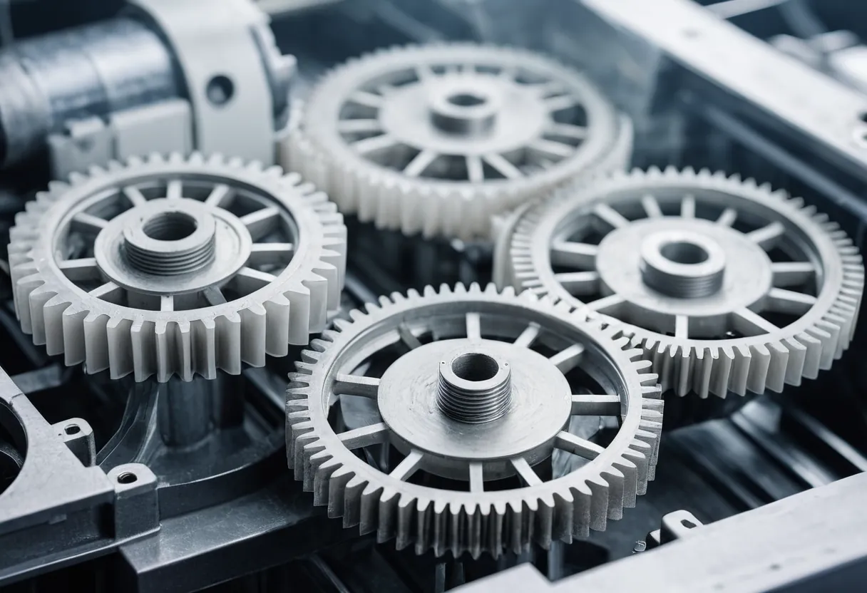 Eine mechanische Baugruppe mit verschlissenen Teilen auf einer Werkbank für Druckerreparaturen