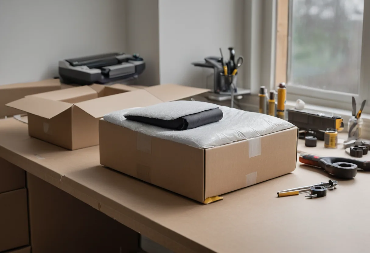 Ein gepolsterter Versandkarton beim Packen auf einer Werkbank für Druckerreparaturen