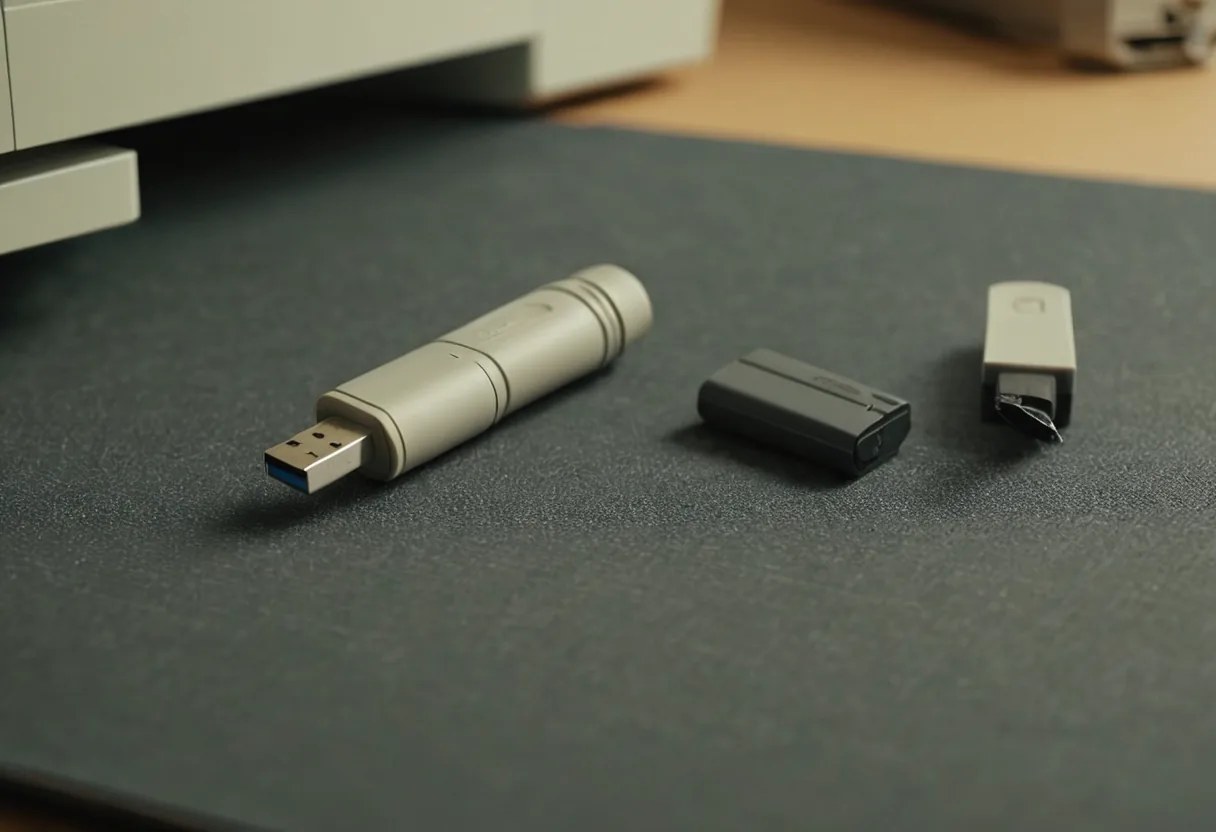 Ein USB-Stick und eine Speicherkarte auf der Antistatikmatte auf einer Werkbank für Druckerreparaturen